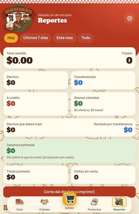 Cremería Don Beto: reportes del día con efectivo, transferencias, crédito y ganancia estimada