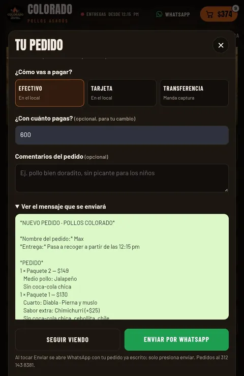 Pollos Colorado: vista previa del mensaje que se enviará por WhatsApp