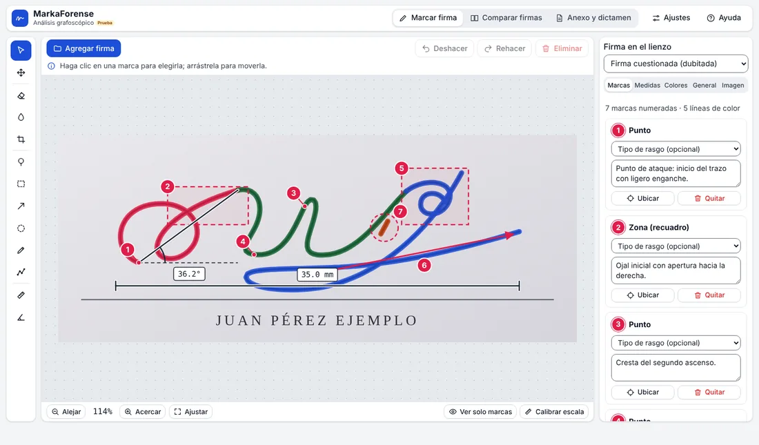 MarkaForense, pantalla Marcar firma: firma de ejemplo con marcas numeradas, recuadros, flechas, líneas de color y mediciones de inclinación y distancia en milímetros
