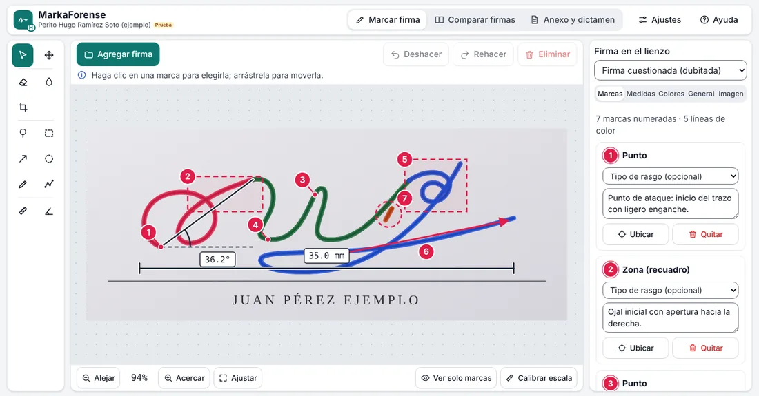 MarkaForense, versión personalizada para un perito: logotipo con su inicial, color propio y nombre de ejemplo en el encabezado
